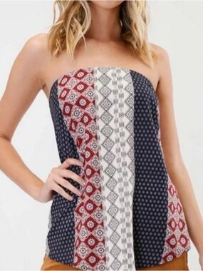 Anthropologie Lumiere brand Boho Patchwork Tunic Top in Navy, Red & Cream MEDIUM